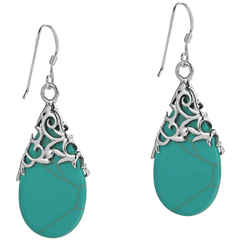 Floral Vine Ornate Teardrop Natural Shell .925 Silver Earrings